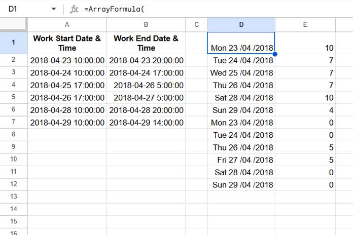 Stacking hours worked spanning two days into one column alongside corresponding dates