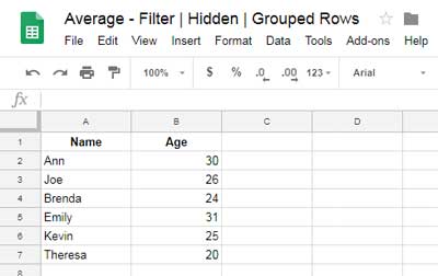 Basic average calculation example in Google Sheets