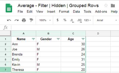 Applying a filter to calculate the average of visible rows in Google Sheets