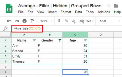 Incorrect average calculation in Google Sheets due to inclusion of hidden row values