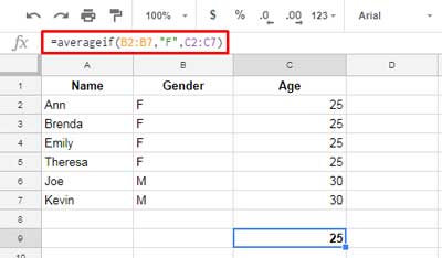 Conditional average calculation using AVERAGEIF in Google Sheets