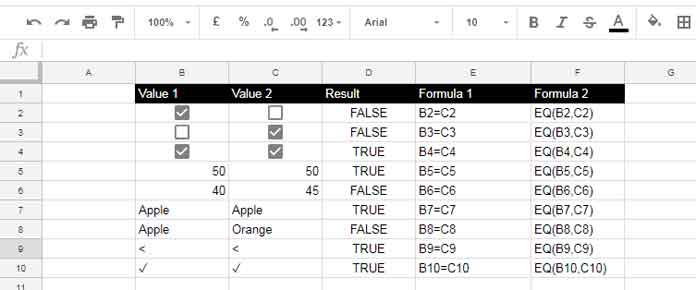 does not equal sign google sheets