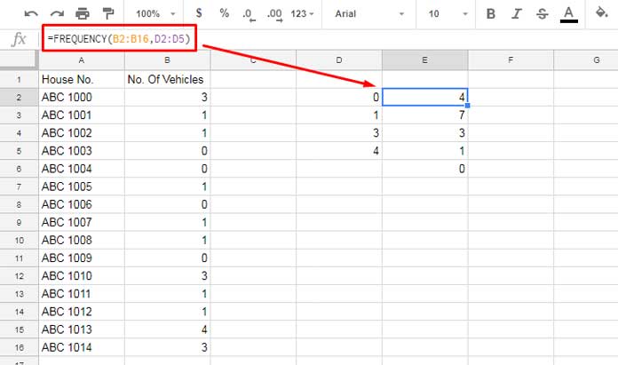 Example to Frequency Distribution in Google Sheets