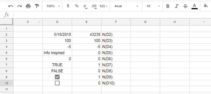 Google Sheets N function Examples