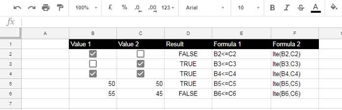 Examples of using the Less Than or Equal to (LTE) comparison operator in Google Sheets