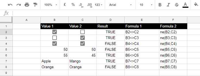Examples of using the Not Equal to (NE) comparison operator in Google Sheets