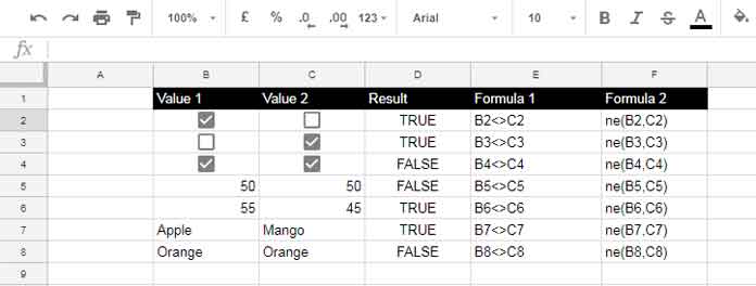 symbol for does not equal in sheets