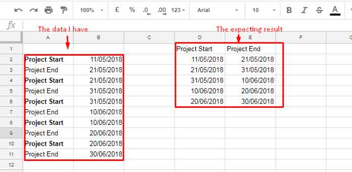 Example to Move Alternate Row to Columns in Google Doc Sheets