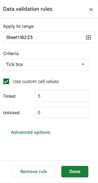 Assigning Custom Values to Existing Tick Boxes in Google Sheets