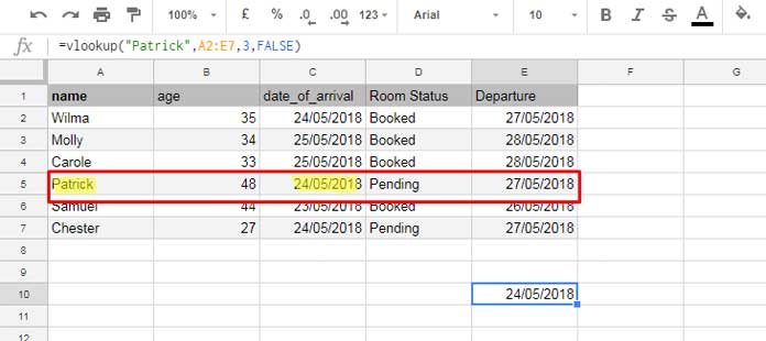 example to a basic Vlookup formula in Google Sheets