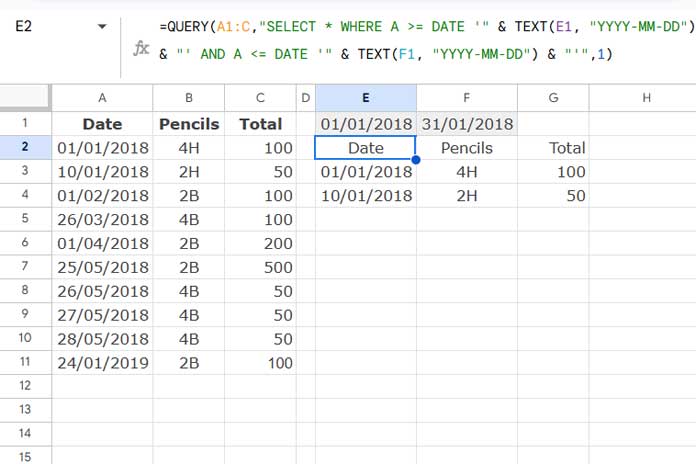 Example of Filtering by Date Duration Using the QUERY Function