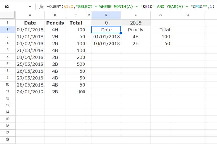 Example of Filtering by Month and Year Using the QUERY Function