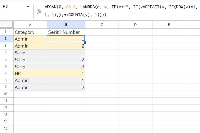 Group-wise serial numbering in Google Sheets using the SCAN function