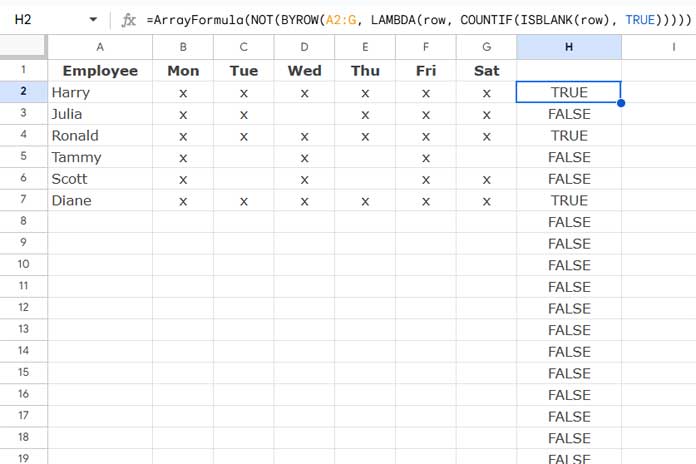 Example of excluding rows with any blank cells in Google Sheets