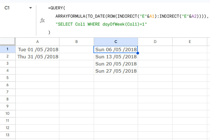 Example of listing all Sundays from a start and end date in Google Sheets