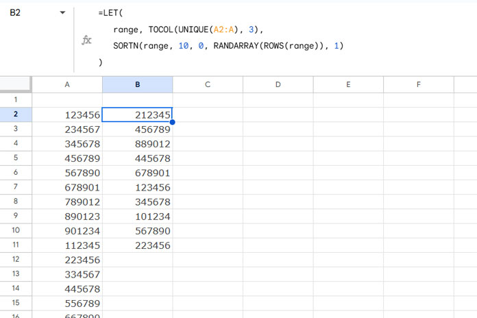 Randomly select 10 unique numbers from a list in column A