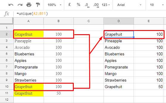 Unique Two Columns Using the UNIQUE Function