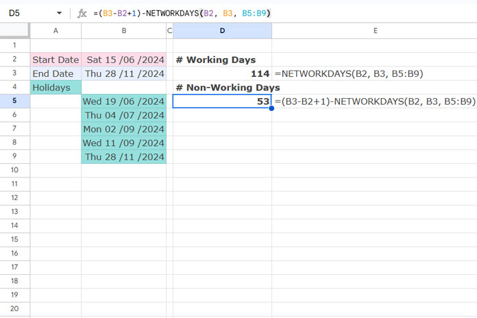 Number of Working and Non-Working Days in Google Sheets