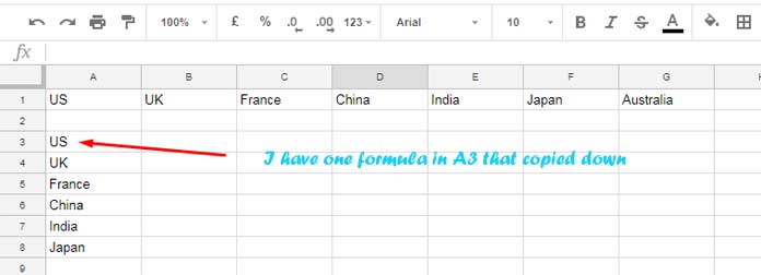 Change the column letter in the vertical copying of formula