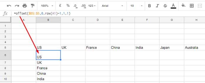 Example to change letter not number in formula in Google Sheets
