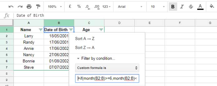 How to apply filter by month formula in filter menu
