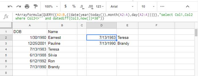 extract upcoming birthdays using Query