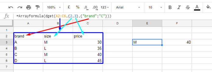 Using Multiple Fields in the DGET Function in Google Sheets