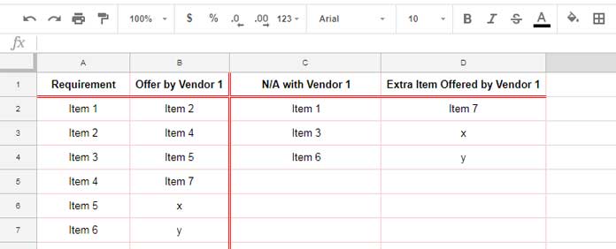 compare 2 lists and extract the differences in Google Sheets
