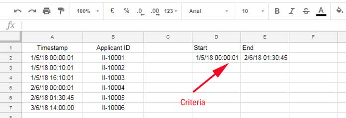 example to filter by timestamp in Query in Google Sheets
