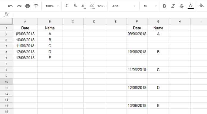 Sample data and formula output showing blank rows in Google Sheets