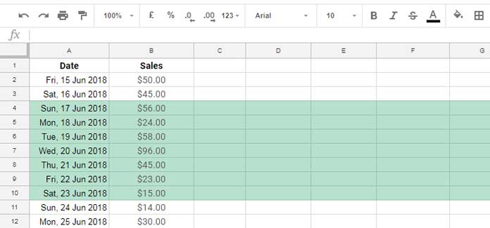 Exemple de données pour calculer la somme mobile de la semaine en cours