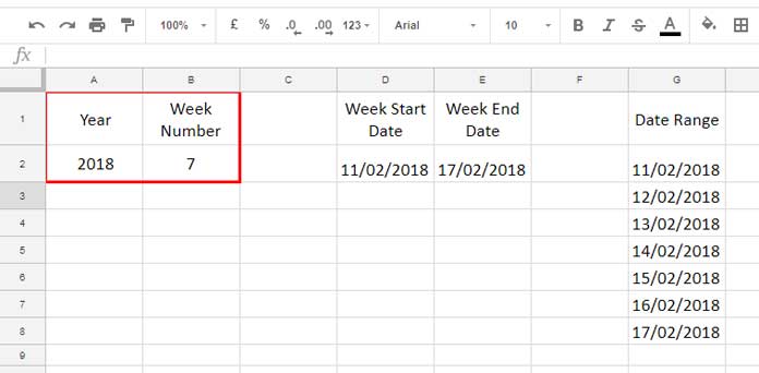 generate dates from week number and year in Google Sheets