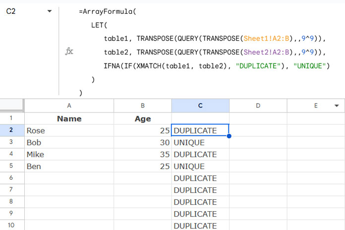 Compare two tables for duplicates and label them in Google Sheets