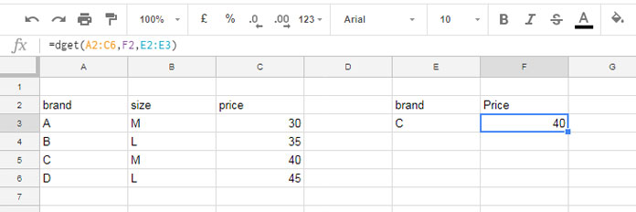 Examples of DGET Function in Google Sheets