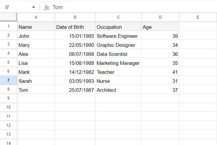 Sample data of people with their date of birth and occupation