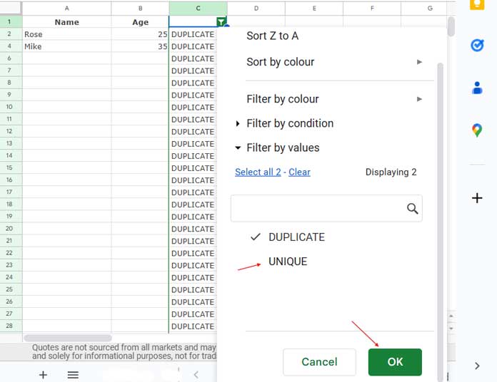 Filter rows labeled as duplicates in Google Sheets