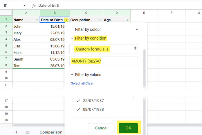 Filter by month using the Filter Menu in Google Sheets