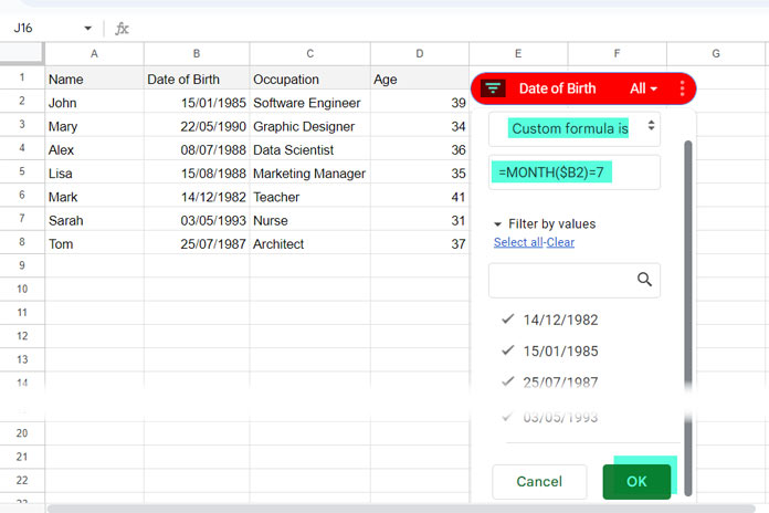 Filter by month using the Slicer in Google Sheets