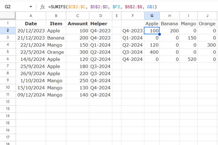 Grouping dates by quarter using a helper column - Approach 1.1 (with a category column)