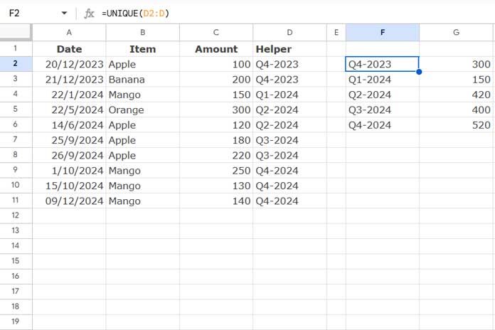 Grouping dates by quarter using a helper column - Approach 1 (without a category column)