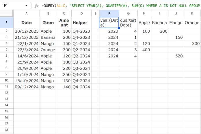 Grouping dates by quarter using QUERY - Approach 2.2 (with a category column)