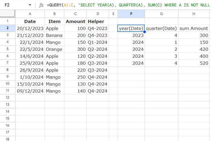 Grouping dates by quarter using QUERY - Approach 2 (without a category column)