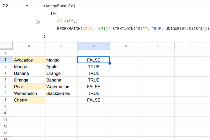 Example of Match Two Columns with Values in Any Order (Matching values from Column A with Column B)