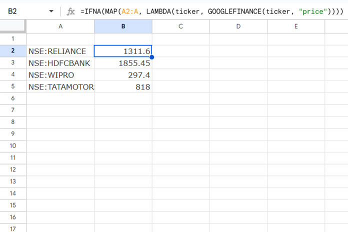 Using multiple tickers in the GOOGLEFINANCE function in Google Sheets to fetch real-time stock data