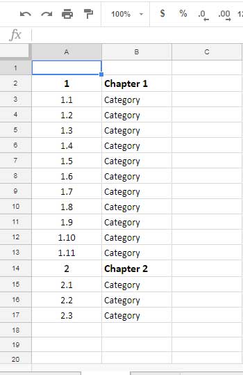 Example: Number Rows Like 1, 1.1, 1.2, 1.3 in Google Sheets