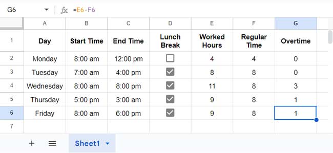 Overtime hours calculation in Google Sheets