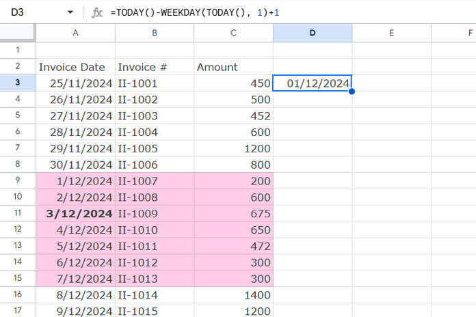 Sample data for summing values by the current week in Google Sheets