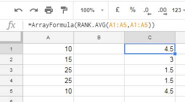 repeated numbers in data column in rank average