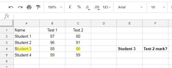 Sample Data: Names and Test 1 and Test 2 Scores in Columns A to C