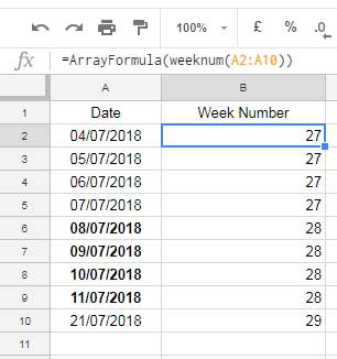 Week Number in Array in Google Sheets